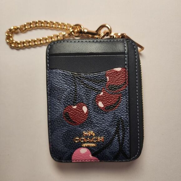 NWT Coach CZ468 Zip Card Case Signature Canvas Cherry Print Denim V2 - Picture 1 of 3